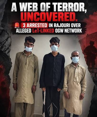 राजौरी में आतंकी नेटवर्क से जुड़े होने के आरोप में तीन गिरफ्तार, IED और हथियार बरामद
